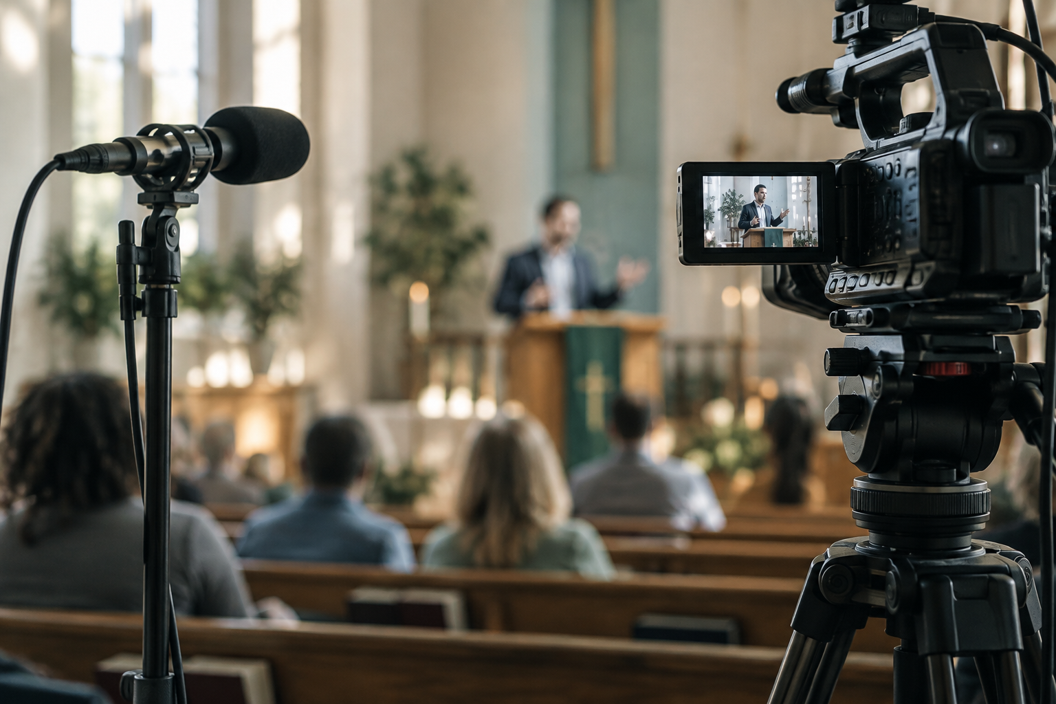 Illustrative photo of camera equipment recording a church speaker