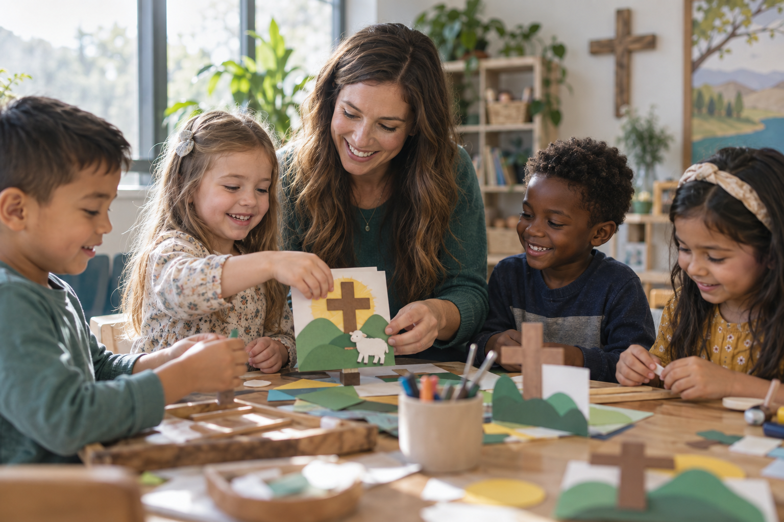 Illustrative photo of children and an educator doing a Bible-themed classroom craft