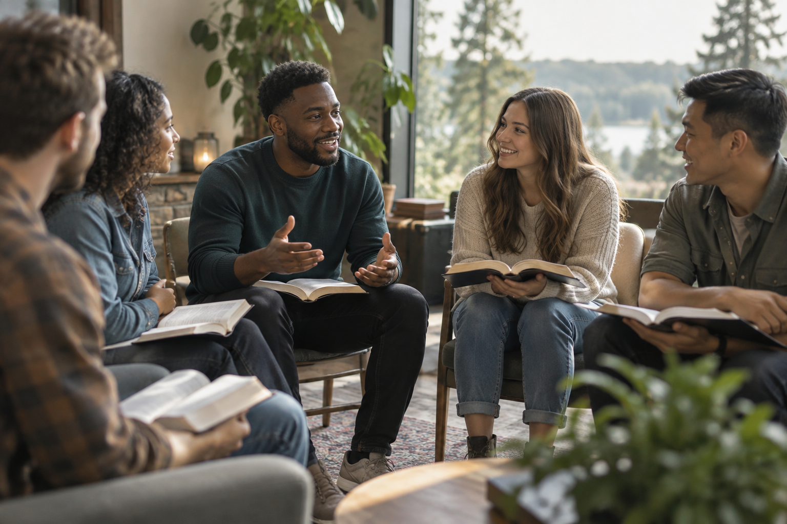Illustrative photo of young adults sharing a Bible discussion