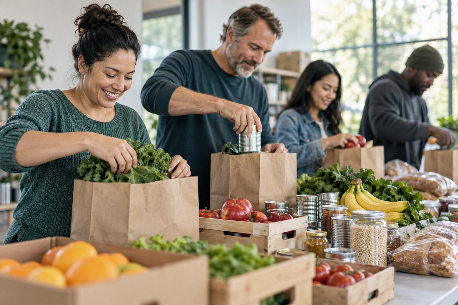 Illustrative photo of volunteers packing produce and food staples into grocery bags