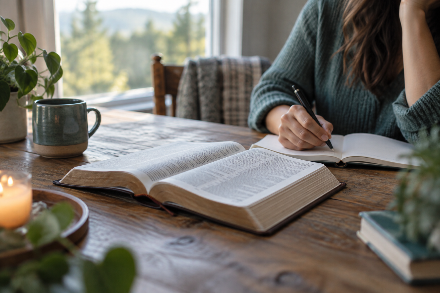 Illustrative photo of an open Bible and notebook in soft window light