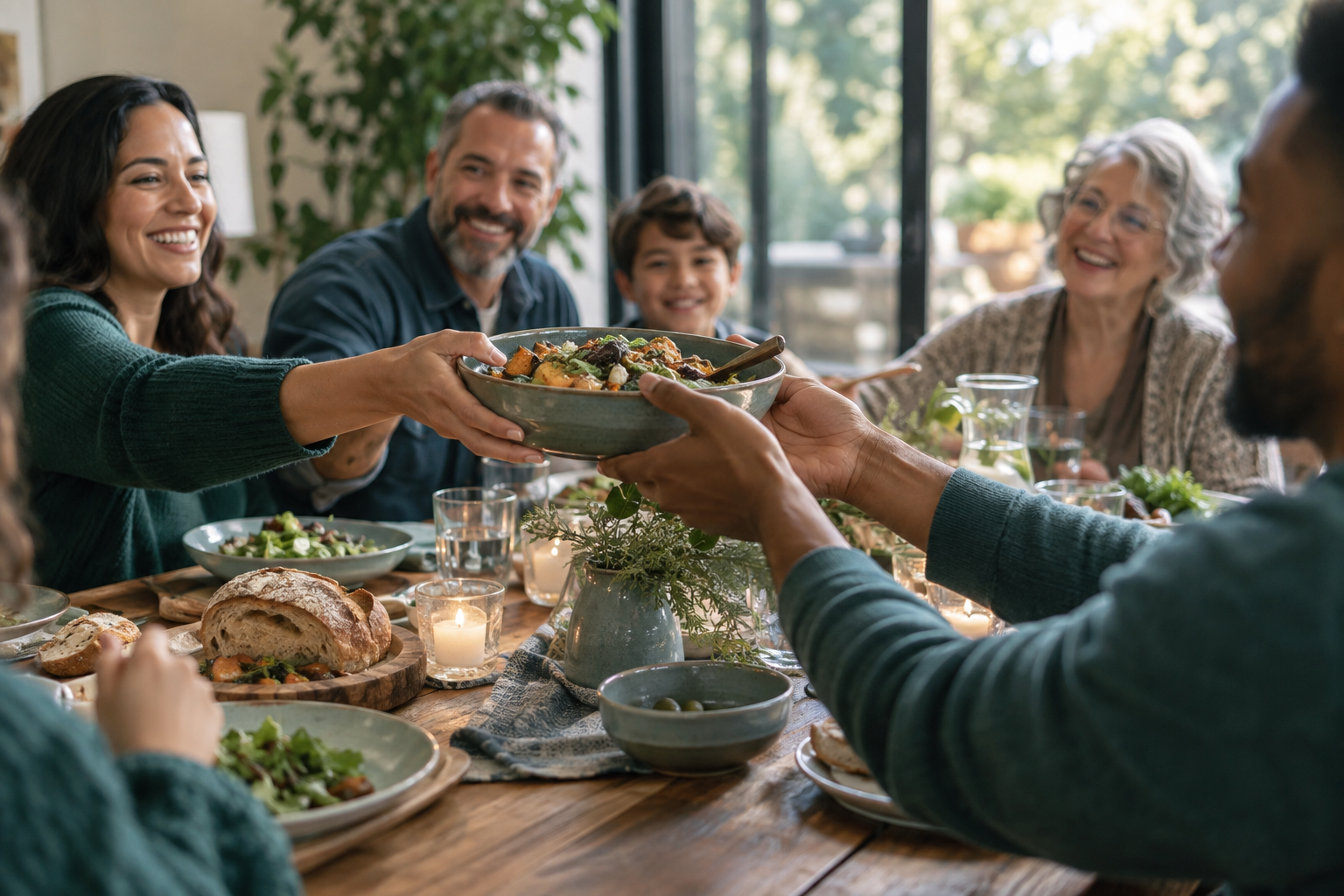 Illustrative photo of a shared community meal with a dish being passed around the table