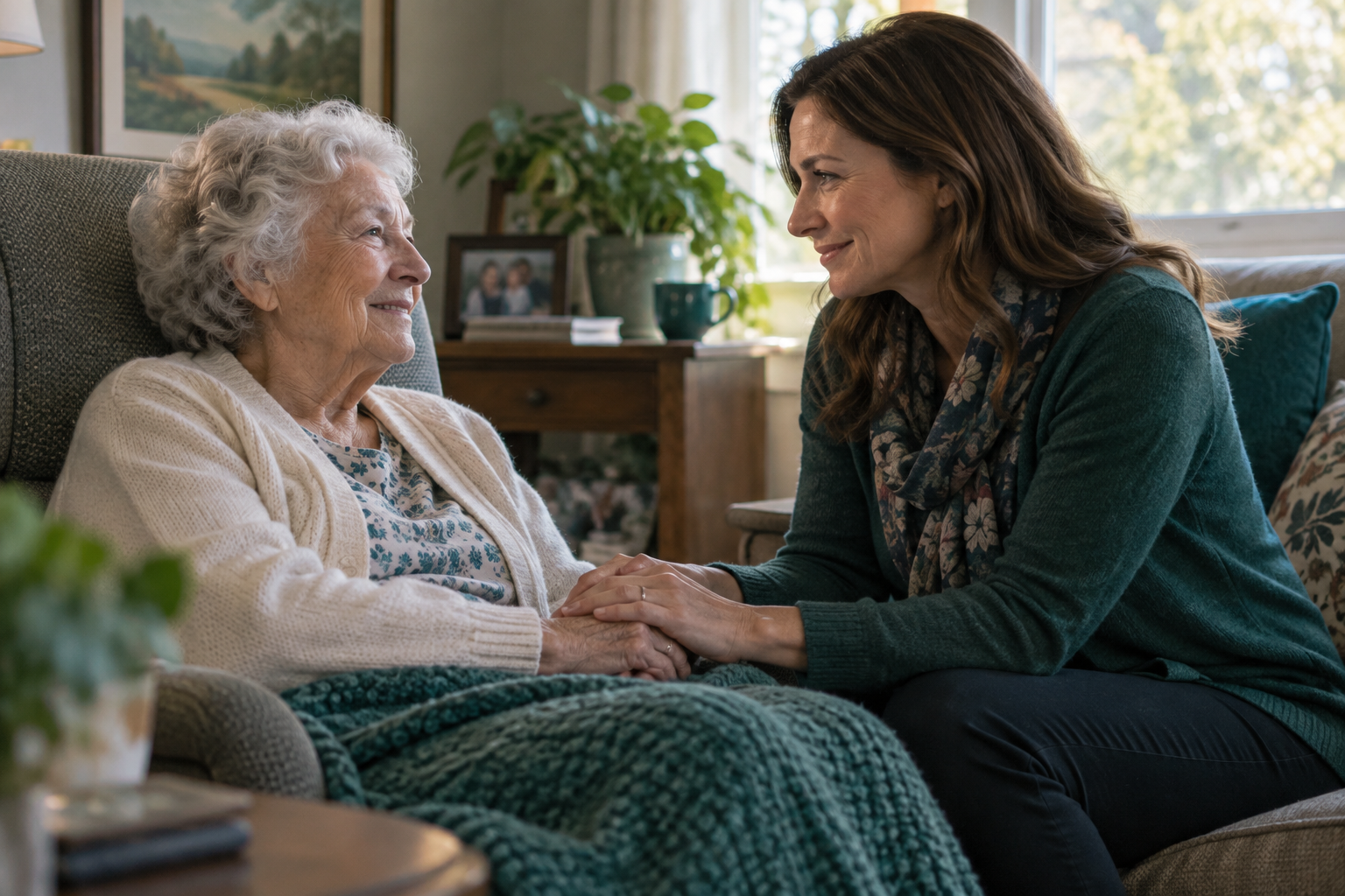 Illustrative photo of a visitor holding an older adult’s hand during a home visit