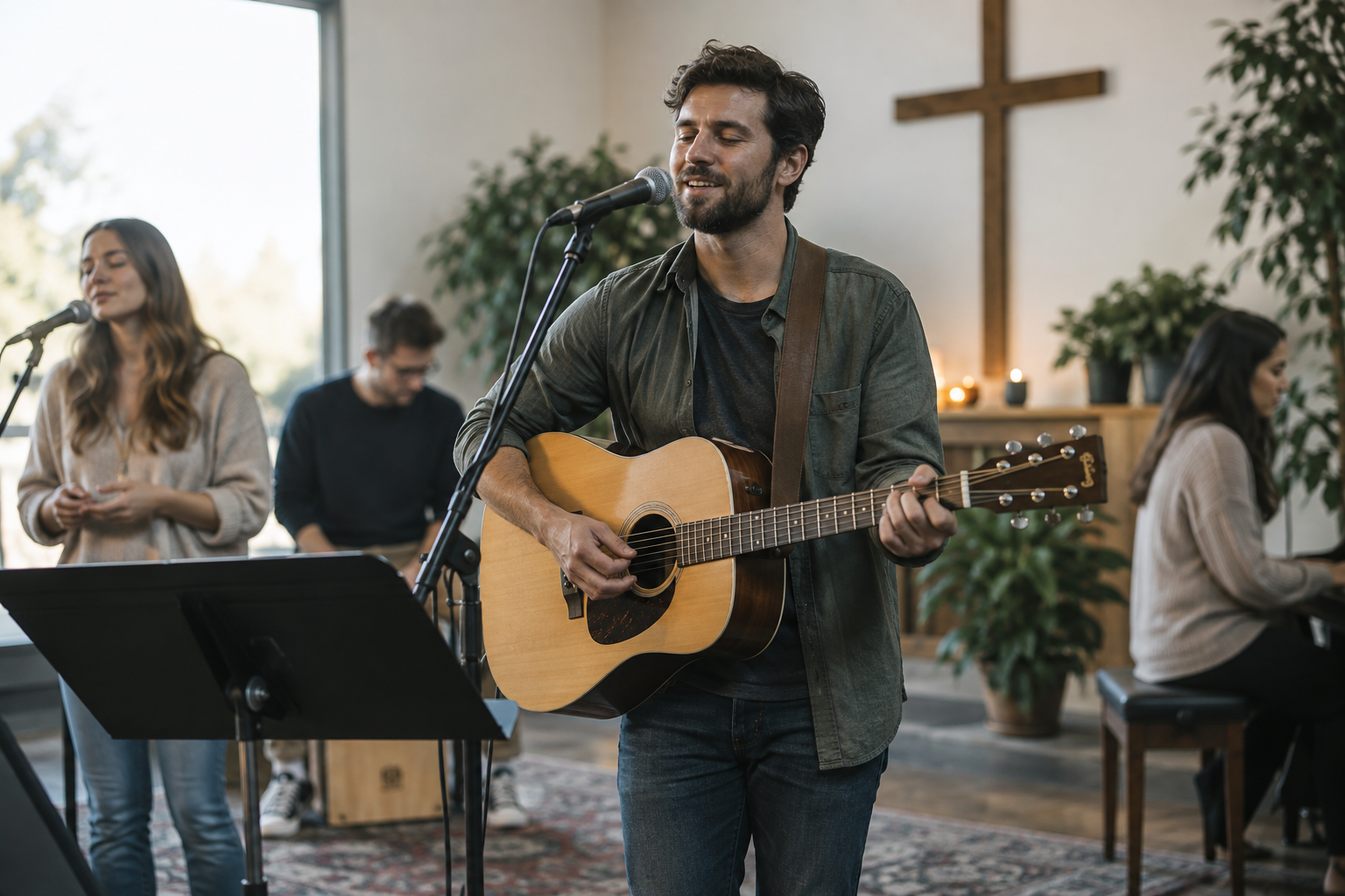 Illustrative photo of an acoustic guitarist and singer rehearsing for worship