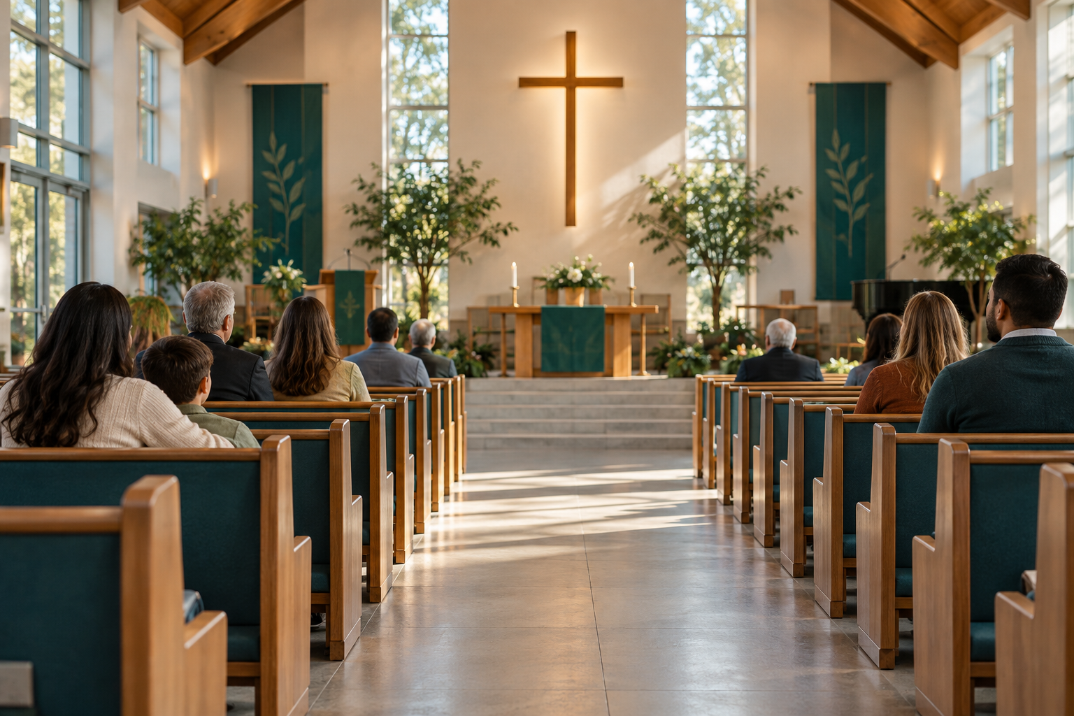 Illustrative photo of a bright church interior with an open central aisle